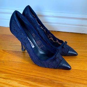 Manolo Blahnik navy lace and leather heels